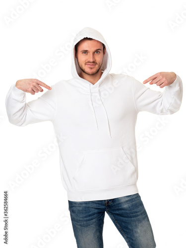 Man in white hooded sweatshirt on white background. Front view