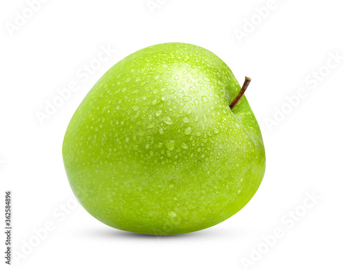fresh green apple on white background with water drop in full depth of field