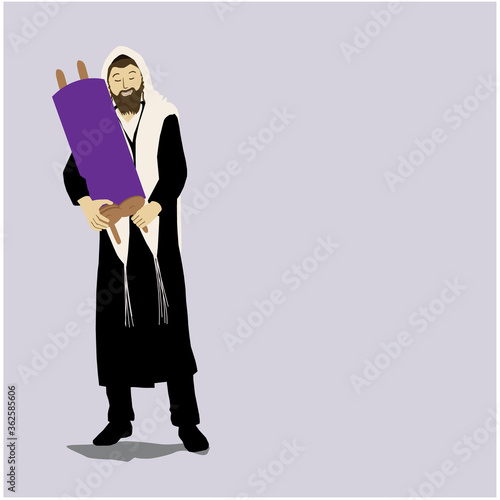 A painting of a chassid, Jew, torah observant, dancing and holding a Torah scroll.
Vector of Simchat Torah, a Jewish holiday.
The introduction of a Torah scroll. 