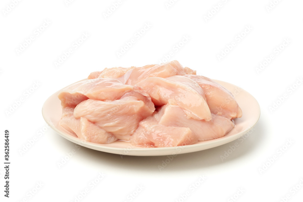 Plate with raw chicken meat isolated on white background