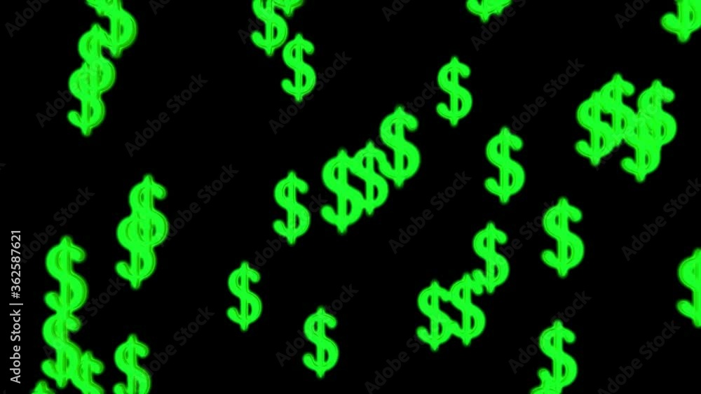 Green neon dollar symbol. Falling Dollar 3D Animati Green neon dollar symbol. Falling Dollar 3D Animati