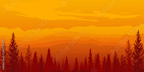 Colored natural mountain landscape with trees