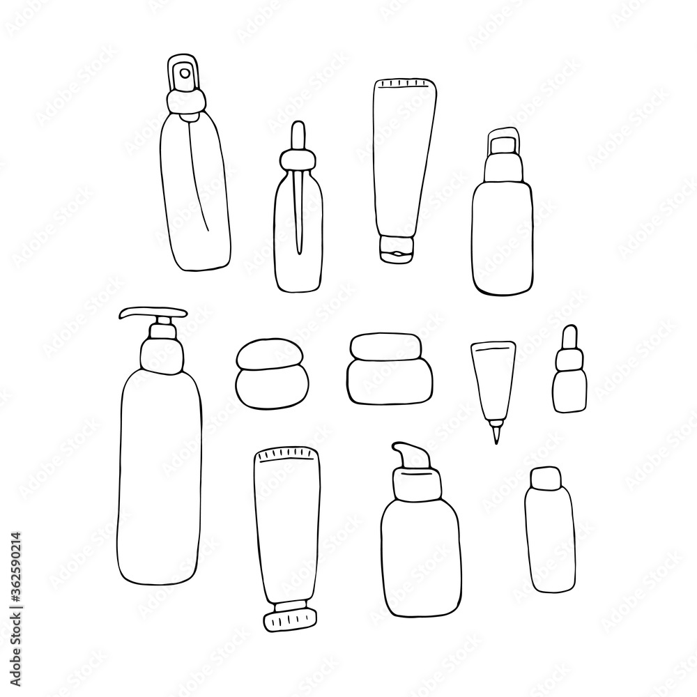 Cosmetic packs set. Woman beauty products sketch collection. Face and body care products. Doodle linear vector graphic Cosmetic packs set. Woman beauty products sketch collection. Face and body care products. Doodle linear vector graphic