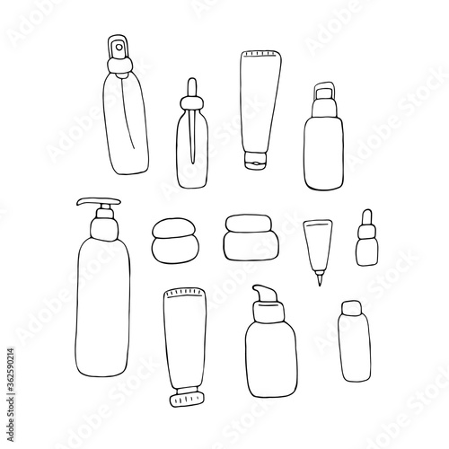 Cosmetic packs set. Woman beauty products sketch collection. Face and body care products. Doodle linear vector graphic