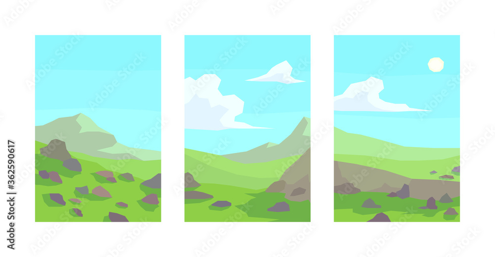 vector illustration, set of abstract landscapes, rocks, mountain, cliff, cloudy, clear sky, sun