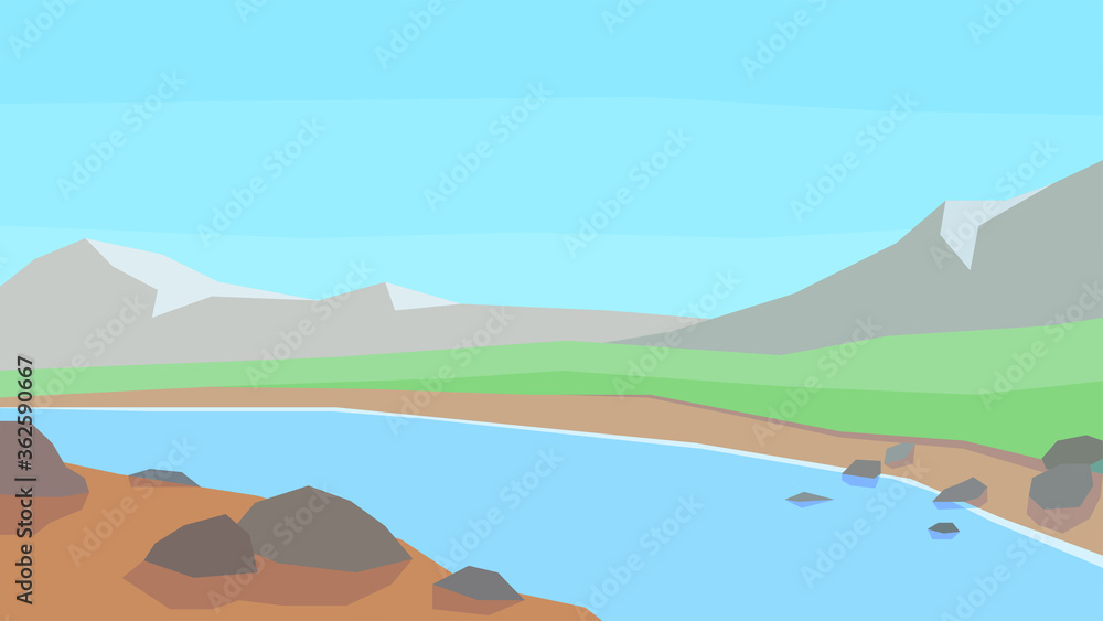 vector illustration, abstract landscape, river, mountain, peaks, rocks, clear sky
