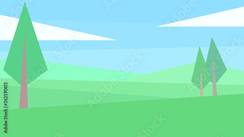 vector illustration, abstract landscape, geometric trees, plain, clouds