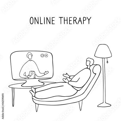 Man lies on couch and pours out his soul to psychologist through video communication. Online psychotherapy practice. Remote psychological help, psychiatrist consulting patient. Mental health care