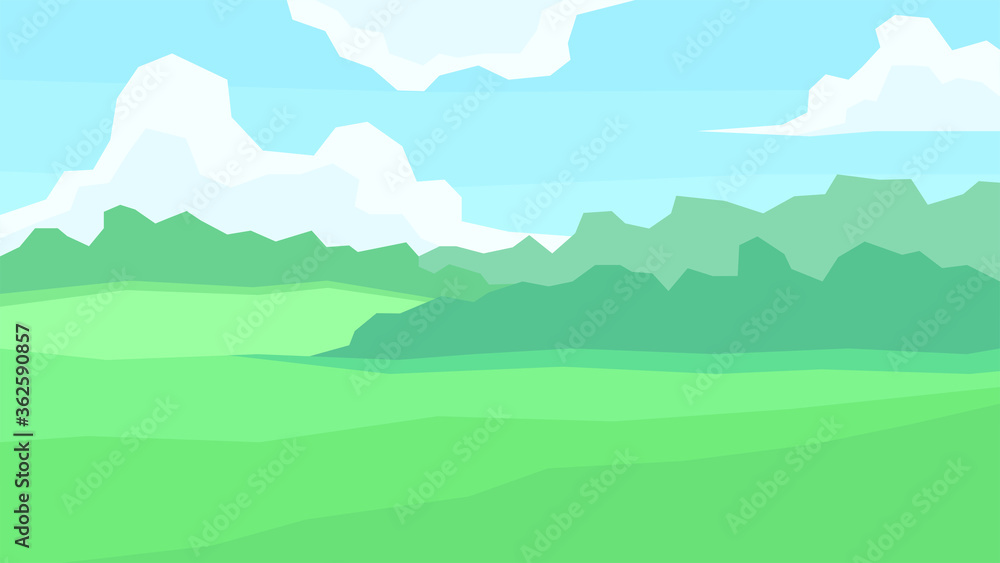 vector illustration, abstract landscape, forest, trees, plain, glade, cloudy sky