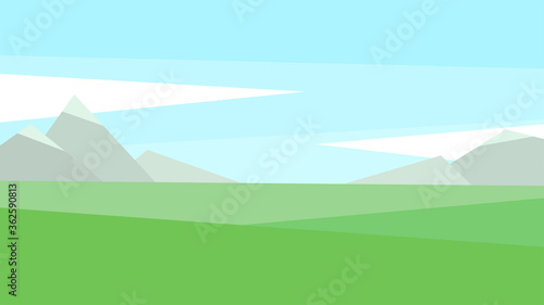 vector illustration, abstract landscape, peak, mountain, plain, sky, clouds, grass