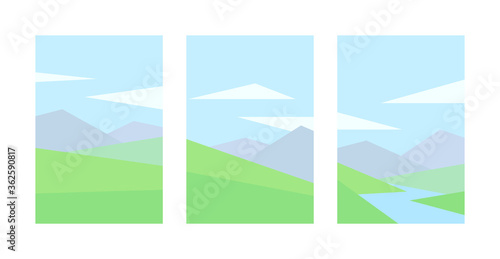 vector illustration, set of abstract landscapes, mountain, river, water, hill, clouds, grass