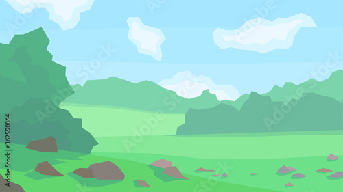 vector illustration  abstract landscape  forest  stones  cloudy  day  trees