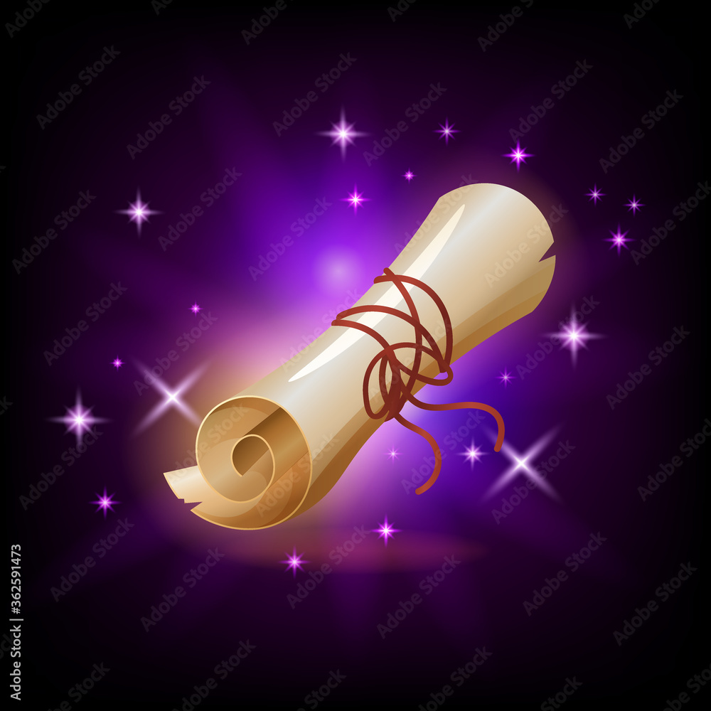 Vektorová grafika „Sparkly paper scroll icon for game or mobile app against  dark background. Magic spell parchment vector illustration, cartoon style“  ze služby Stock | Adobe Stock