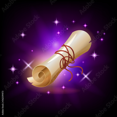 Sparkly paper scroll icon for game or mobile app against dark background. Magic spell parchment vector illustration, cartoon style