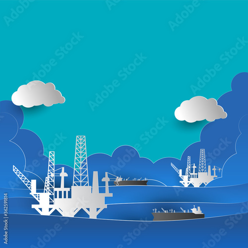 drilling rig for oil production platform in offshore paper art. vector illustration