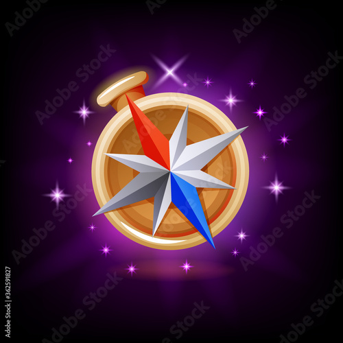 Sparkly compass GUI gaming or mobile app icon on dark background. Navigation equipment vector illustration, cartoon style