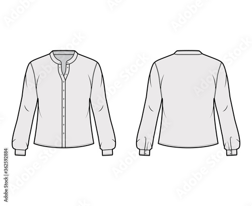 Shirt technical fashion illustration with curved mandarin stand collar and long sleeves with cuff. Flat apparel blouse template front back, grey color. Women, men and unisex top CAD mockup