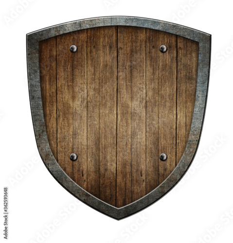 Wooden medieval shield isolated on white. 3d illustration