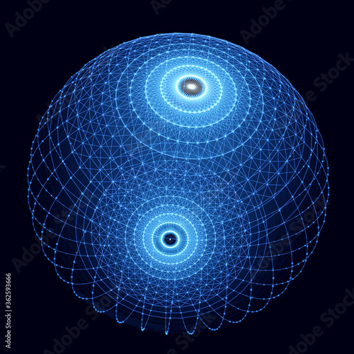 Global network connection. Globe with dots and lines. Scattered points and lines composed of spheres.