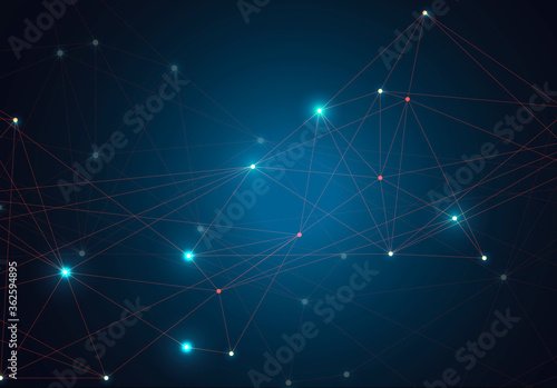 Abstract vector glowing bright molecules with dots and lines on blue background