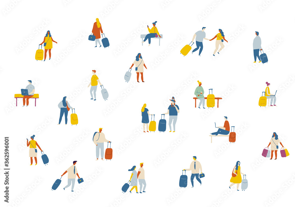 Fototapeta premium Tiny vector people with baggage in airport. People crowd, background people