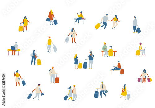 Tiny vector people with baggage in airport. People crowd, background people