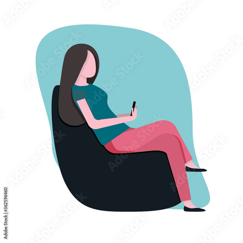 Vector illustration. Image of a girl. The girl with the phone. Work at home. Job search. A girl who works as a freelancer.