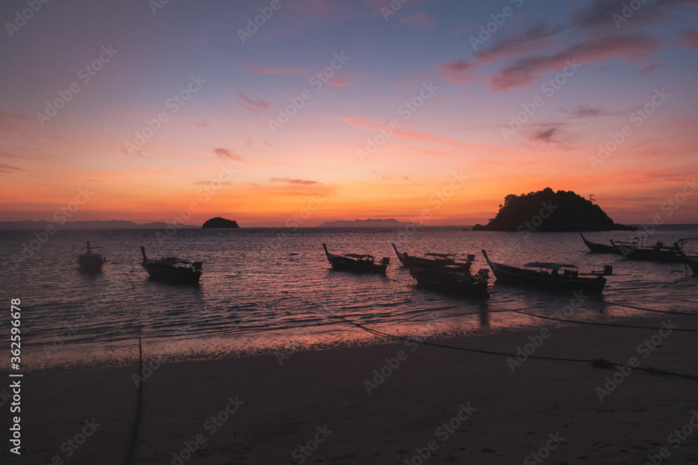 Sea view and boat at twilight time