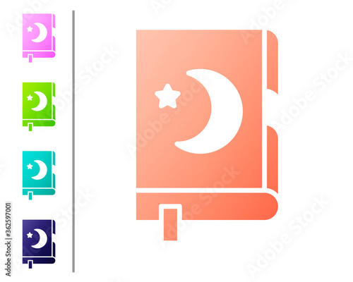Coral Holy book of Koran icon isolated on white background. Muslim holiday, Eid Mubarak, Eid al-fitr, Ramadan Kareem. Set color icons. Vector Illustration.