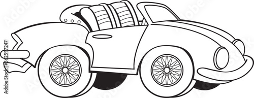 Black and white illustration of a old sports car with the convertible top down.
