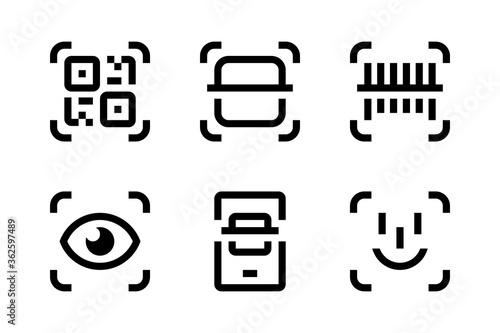 QR code scan, Barcode Scan and Face Recognition icon set. Mobile Scan vector icons. Scanning of Codes and Objects. Check Code icons.