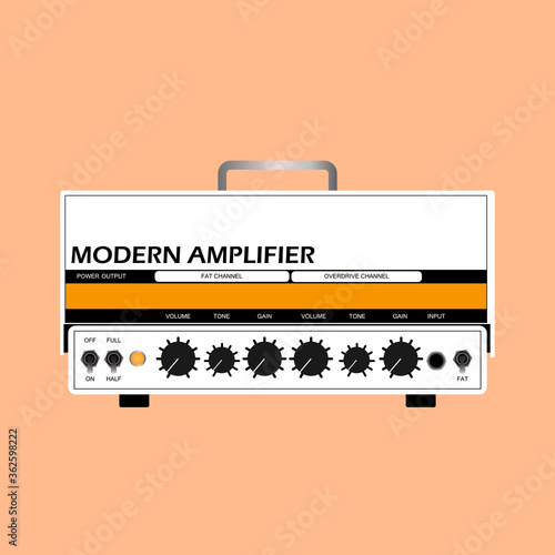 Isolated white electric guitar amplifier, cabinet equipment for musician flat logo or icon style, print for tee-shirt and graphic design, Musical instrument sales business. vector and illustration.