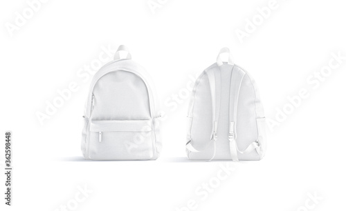 Blank white backpack with zipper and strap mockup, front back photo