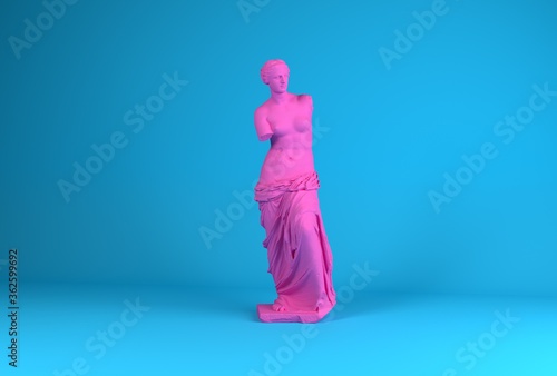 3D rendering of Venus de Milo, ancient Greek statue in pastel pinkish color.