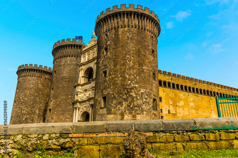 A view of the side of the Castel Nuovo in Naples, Italy