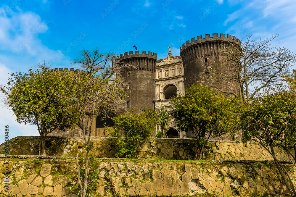 A panorama view of the Castel Nuovo in Naples, Italy
