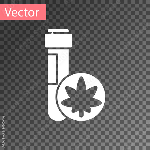White Chemical test tube with marijuana or cannabis leaf icon isolated on transparent background. Research concept. Laboratory CBD oil. Vector Illustration.