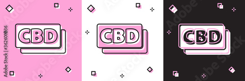 Set Cannabis molecule icon isolated on pink and white, black background. Cannabidiol molecular structures, THC and CBD formula. Marijuana sign. Vector Illustration.