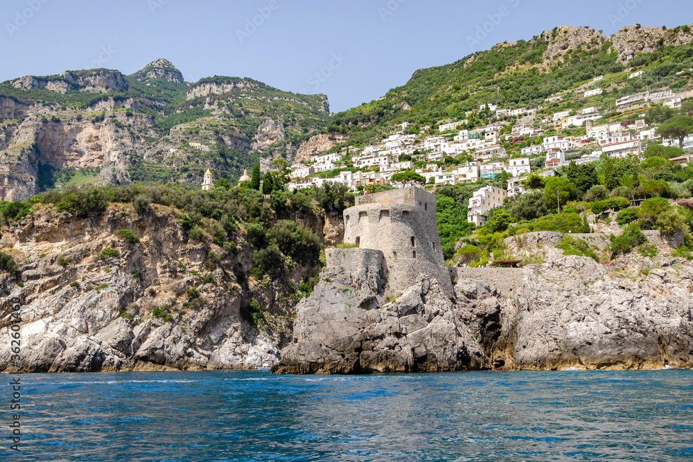 Praiano, ancient tower seen from the sea, Amalfi coast, Italy Praiano, ancient tower seen from the sea, Amalfi coast, Italy