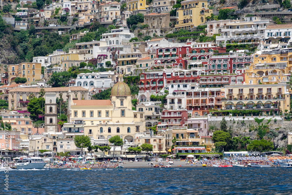 Positano beach view from the sea, Amalfi coast, Italy