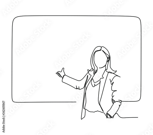 Continuous one line drawing of a young woman teacher giving a lesson in from of the class behind the blackboard. Vector illustration
