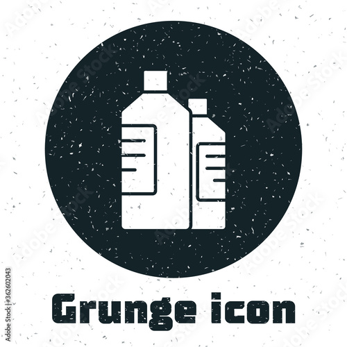 Grunge Plastic bottles for laundry detergent, bleach, dishwashing liquid or another cleaning agent icon isolated on white background. Monochrome vintage drawing. Vector Illustration.