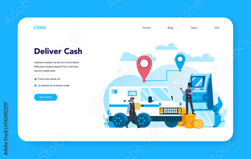 Armored cash truck security web banner or landing page. Money