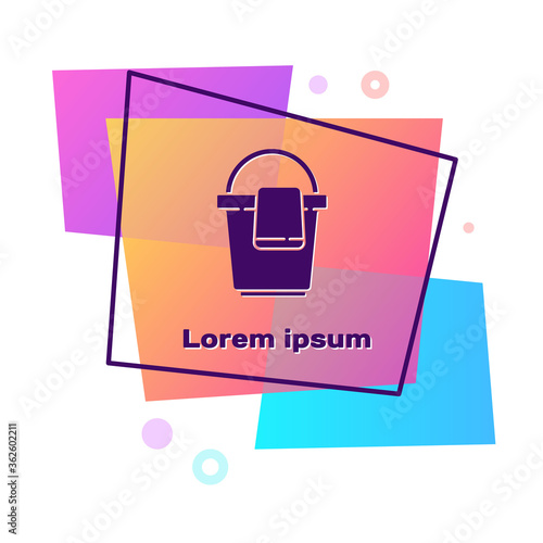 Purple Bucket with rag icon isolated on white background. Cleaning service concept. Color rectangle button. Vector Illustration.
