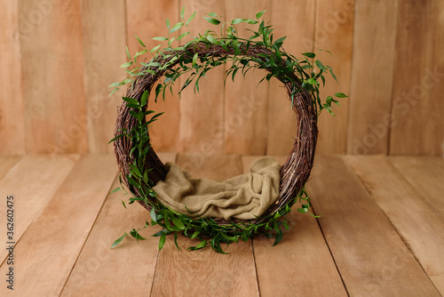 Newborn Digital Background Nest Prop for Newborn. For boys and girls. Wood back. shoot set up with prop nest and leaves and wood backdrop