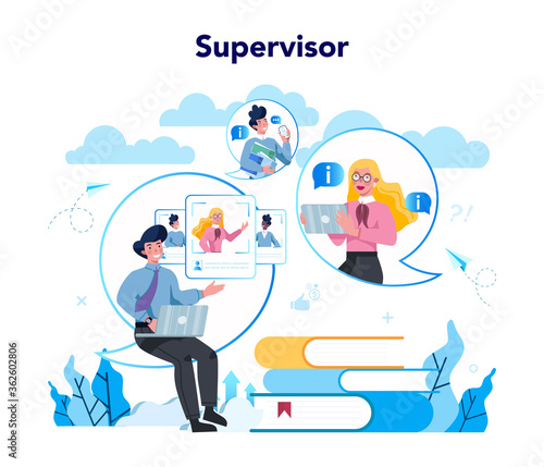 Supervisor manager concept. Specialist guiding employees with their