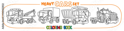 Funny heavy cars with eyes. Coloring book set