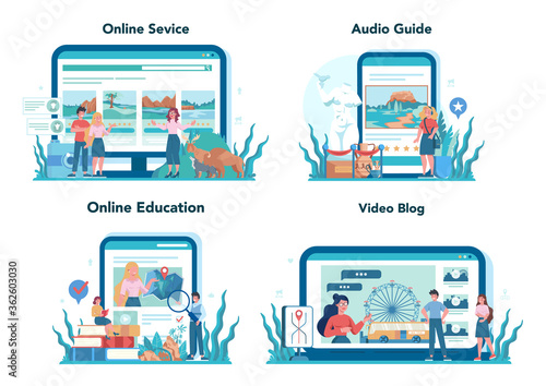 Tour vacation guide online service or platform set. Tourists listening