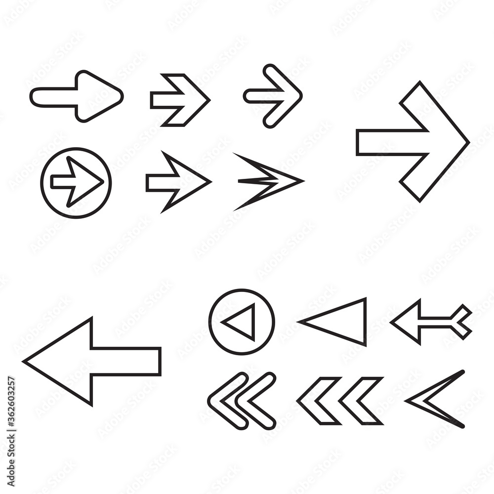 Arrow icon set isolated on white background. Trendy thin line collection of different arrow icons in flat style for web site.Creative arrows right and left template for app and ui. Vector illustration Arrow icon set isolated on white background. Trendy thin line collection of different arrow icons in flat style for web site.Creative arrows right and left template for app and ui. Vector illustration