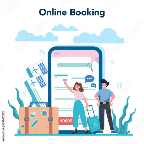 Travel agent online service or platform. Office worker selling tour
